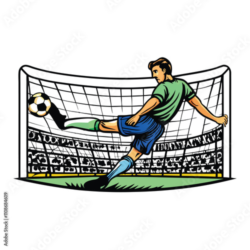 A dramatic vector illustration of a soccer player intensely focused, about to take a penalty kick, showcasing the player's stance and ball position.
