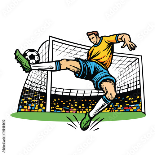Create a dynamic vector illustration of a soccer player executing a powerful penalty kick, focusing on intense action and motion blur.