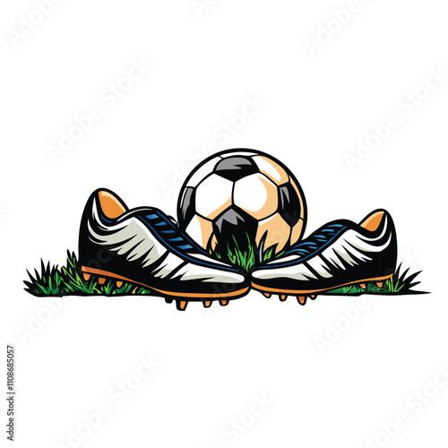 Close-up shot of worn soccer cleats and a slightly deflated ball resting on a sun-baked, grassy soccer field after a match.