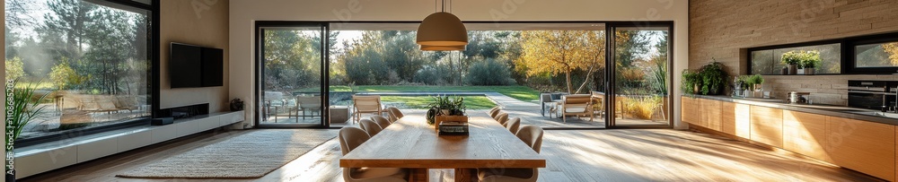 Fototapeta premium Modern Open-Concept Dining Area with Wooden Table and Pendant Light in Elegant Home Interior