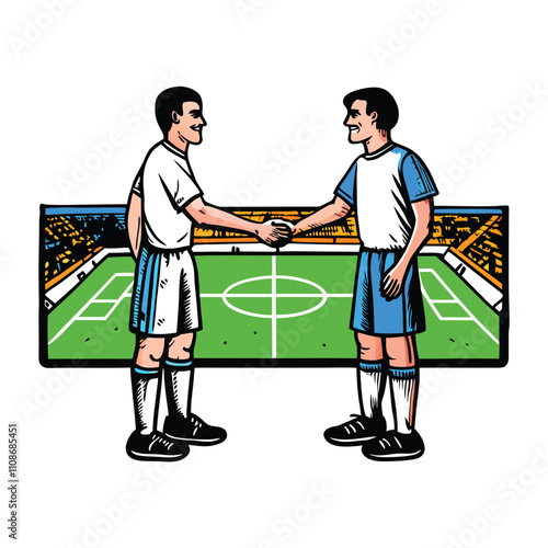 Two soccer players, in full uniform, firmly shaking hands before a competitive match, emphasizing sportsmanship and respect.