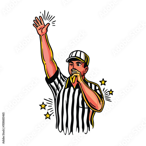 Create a stylized vector illustration of a referee blowing a whistle, emphasizing dynamic lines and bold colors.  Focus on a powerful pose conveying authority.