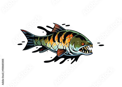 Create a highly detailed vector illustration of a Goliath tigerfish, showcasing its sharp teeth and menacing features.  Include realistic textures and anatomical accuracy.