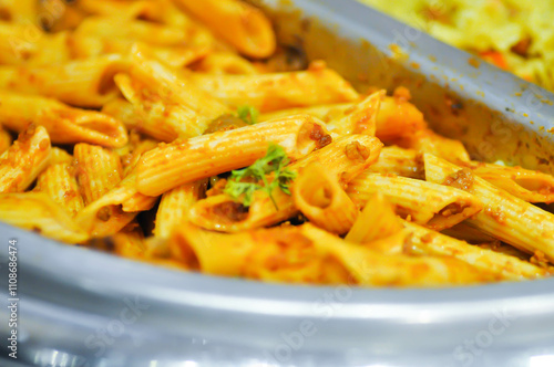 pasta, pork penne or pork pasta or penne pork with tomato sauce photo