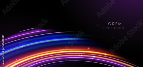 Abstract futuristic glowing neon multicolor curved lines. Hi speed motion moving concept on black background.