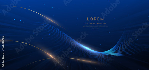 Abstract elegant dark blue background with golden curved lines and lighting effect sparkle.