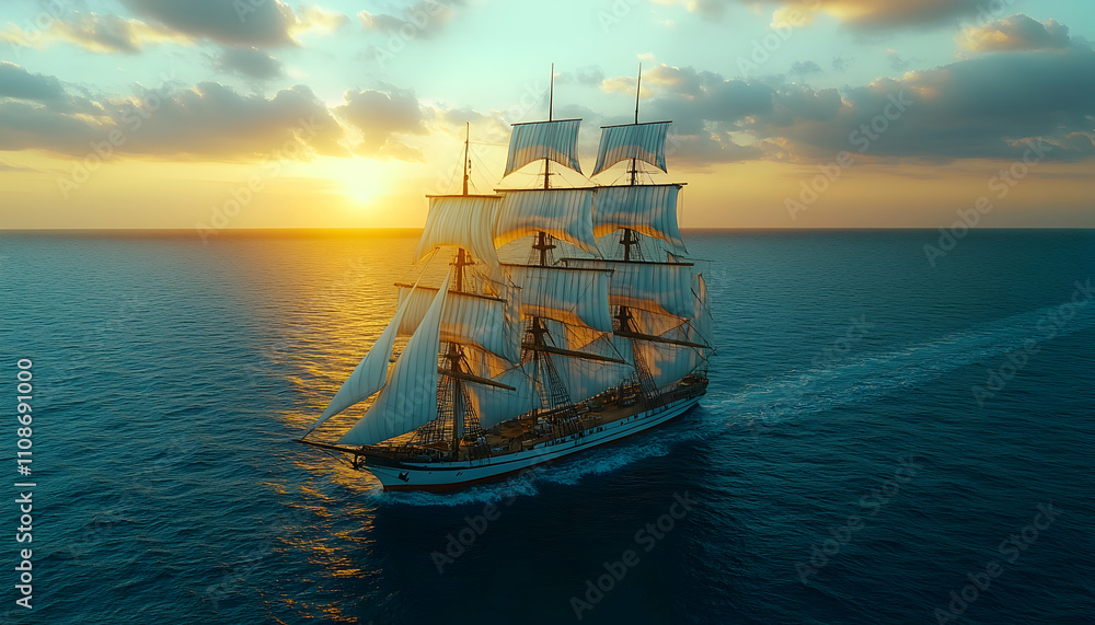 Fototapeta premium Majestic sailing ship at sunset on calm ocean waters.