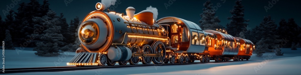 Obraz premium Snow-covered landscape features a vintage train glowing in the night sky with festive decorations during winter