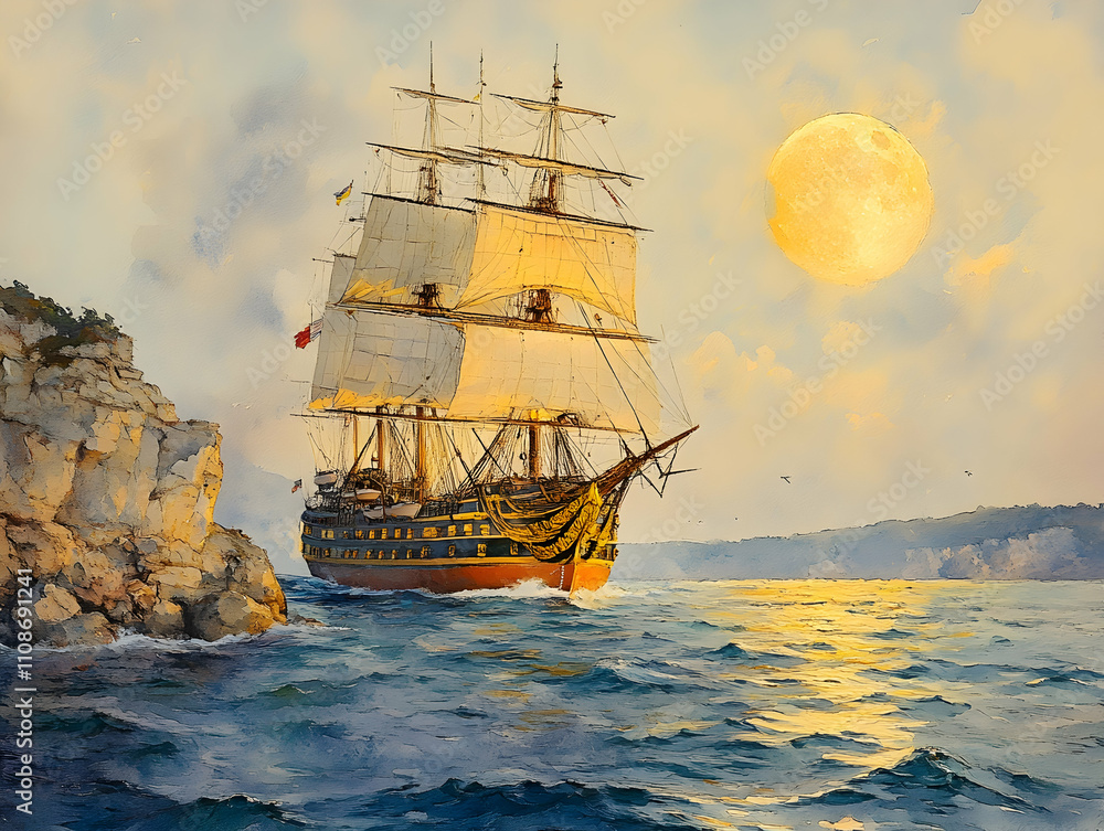 Obraz premium Majestic sailing ship navigating coastal waters under a large moon.
