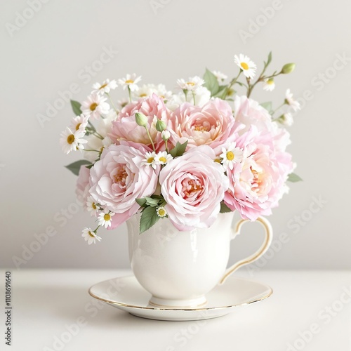 Wallpaper Mural Beautiful watercolor arrangement of peonies, roses, and daisies in a fragile porcelain mug, peonies, daisies, floral Torontodigital.ca