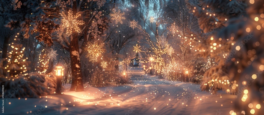 A snowy forest path illuminated with warm, golden lights, creating a magical winter wonderland. A snowy forest path illuminated with warm, golden lights, creating a magical winter wonderland.