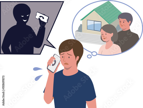 闇バイトに応募して指示役から実家と家族について脅される若い男性のベクターイラスト