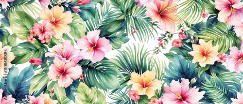 Fototapeta Naklejka Na Ścianę i Meble -  Beautiful watercolor illustration of tropical leaves and flowers seamless texture, flowers, tropical, seamless