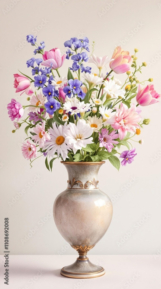 Naklejka premium Beautiful watercolor painting of a bouquet of tulips, daisies, and pansies in a vase, bouquet, painting, daisies, pansies, beautiful