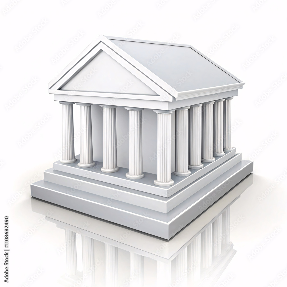 Obraz premium A 3D-rendered, symmetrical bank structure with glossy pillars, raised platform, and a mirrored base showcasing traditional architectural beauty