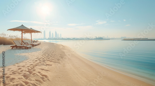 Al Mamzar Beach Park: Capture the serenity of Dubai�s Al Mamzar Beach Park, with pristine sands and tranquil waters. photo