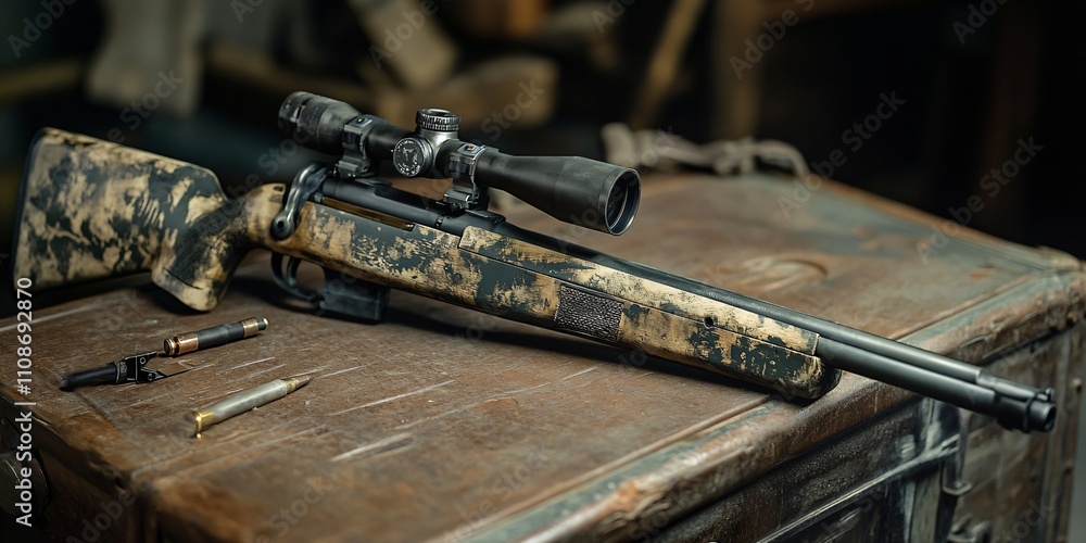 Camo Rifle with Scope Ammunition Wooden Box Hunting Shooting Weaponry Camo Rifle with Scope Ammunition Wooden Box Hunting Shooting Weaponry
