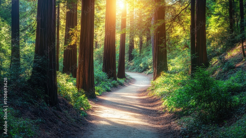 Obraz premium Majestic giant redwood forest filled with legendary redwoods, offering a serene atmosphere among towering trees, perfect for nature lovers and photographers, with ample copy space.