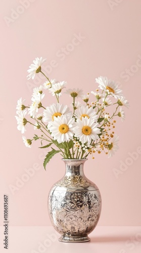 Wallpaper Mural Blooming white daisies in a vintage vase on a soft pink surface, flower, vintage vase, nostalgia, home, decor Torontodigital.ca