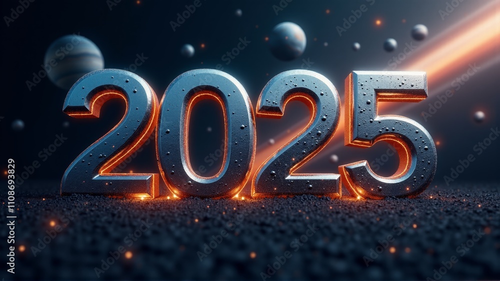 A large number 2025 made with glowing metallic A large number 2025 made with glowing metallic