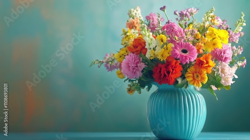 Wallpaper Mural A vibrant bouquet of colorful flowers arranged in a turquoise vase, perfect for adding a touch of beauty and elegance. Space for copy available. Torontodigital.ca