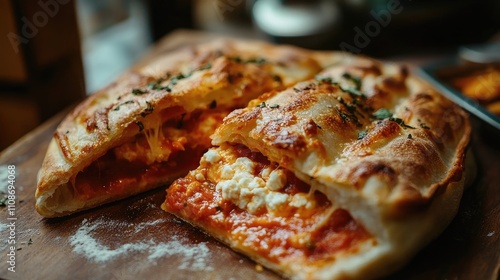 Wallpaper Mural Closeup of a delicious calzone filled with ricotta and cheese, beautifully arranged for a tempting presentation. Ideal for food photography with ample copy space for text. Torontodigital.ca