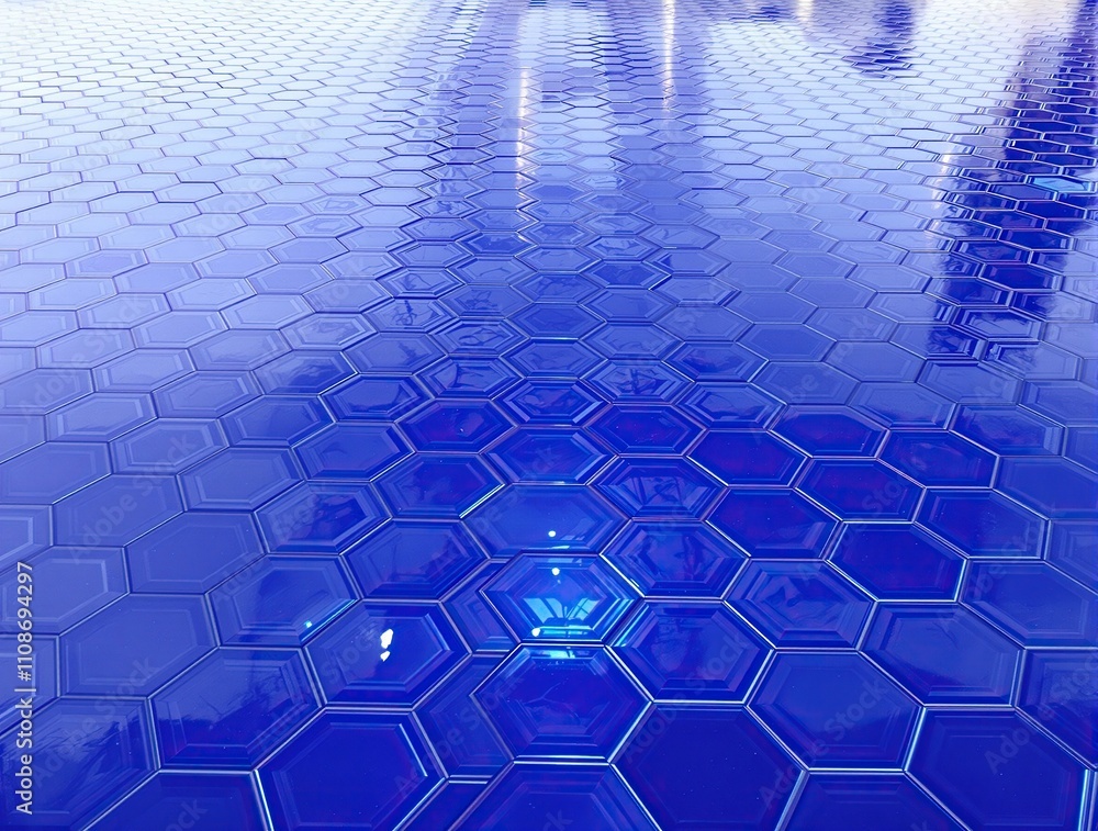 Obraz premium Blue hexagonal ceramic floor tiles with glossy sheen, mosaic, flooring, pattern