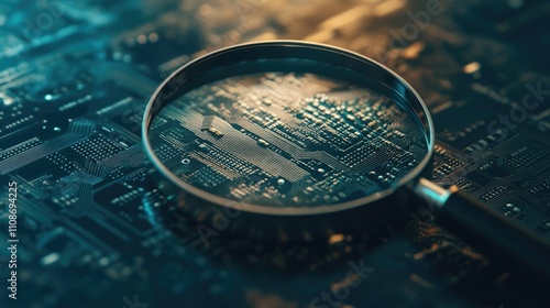 Magnifying glass positioned against a circuit board background highlights the intricate details of technology. This image captures the essence of innovation with ample copy space.