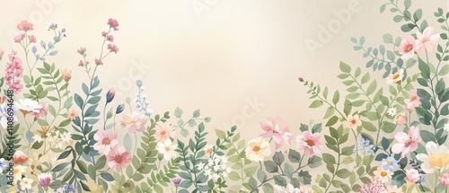 Boho style wildflowers and ferns watercolor design, boho, natural, bohemian