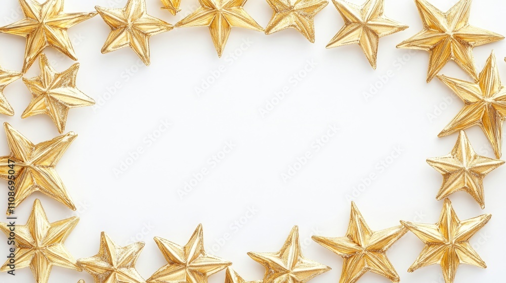 Obraz premium A decorative frame adorned with golden stars set against a white background, perfect for highlighting special moments or messages. This golden stars frame offers ideal photo style copy space.