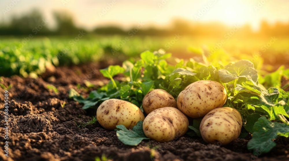 Fresh potatoes nestled in a vibrant green field, illuminated by warm sun rays during sunset. This scene of fresh potatoes offers a serene landscape with ample copy space. Fresh potatoes nestled in a vibrant green field, illuminated by warm sun rays during sunset. This scene of fresh potatoes offers a serene landscape with ample copy space.