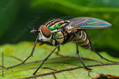 Detailed Close-up: An Intricate Examination of a Striped Tsetse Fly on a Leaf in its Natural Habitat photo