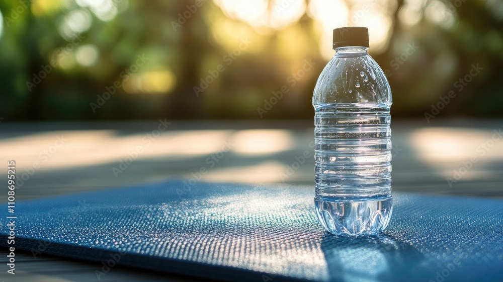 Transparent water bottle resting on an exercise mat, emphasizing fitness and hydration. The transparent water bottle is perfect for gym enthusiasts, with ample copy space for your designs. Transparent water bottle resting on an exercise mat, emphasizing fitness and hydration. The transparent water bottle is perfect for gym enthusiasts, with ample copy space for your designs.
