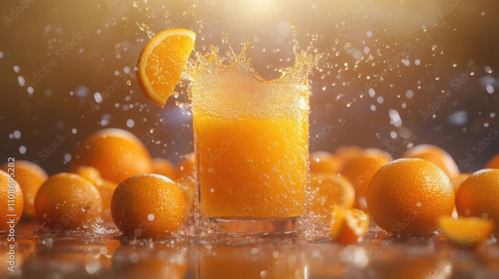 Fresh orange juice splashes into a glass surrounded by ripe oranges, capturing the vibrant essence of citrus. This dynamic image highlights the refreshing nature of orange juice. Fresh orange juice splashes into a glass surrounded by ripe oranges, capturing the vibrant essence of citrus. This dynamic image highlights the refreshing nature of orange juice.