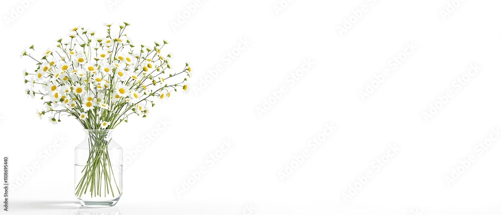 Obraz premium Bouquet of white daisy fleabane blooms in a clear glass vase, botany, nature