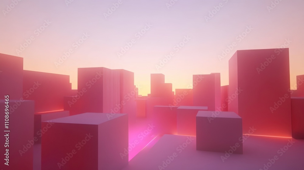 Abstract Pink Cubes at Sunset in Digital Landscape Abstract Pink Cubes at Sunset in Digital Landscape