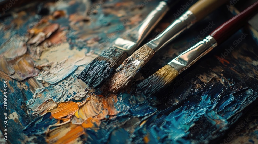 Obraz premium Close-up macro of an oil painting displaying an artistic palette and brushes with smeared oil paints, capturing the essence of creativity and artistic expression in the photo.