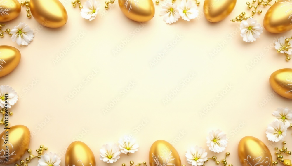 Golden Egg Frame with Delicate Floral Patterns on Soft Cream Background, Elegant and Festive Golden Egg Frame with Delicate Floral Patterns on Soft Cream Background, Elegant and Festive