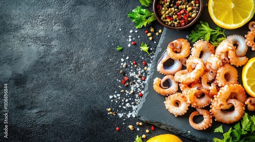 Vibrant seafood background with large pieces of calamari, ideal for culinary themes and food photography. The calamari background offers ample copy space for creative layouts. photo