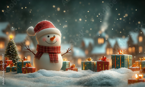 Christmas, Christmas gifts in the snow on houses and trees, cartoon 3d style with a cute, simple, flat objects, green winter cityscape, green background, a small, white, happy, smiling, cheerful snowm photo