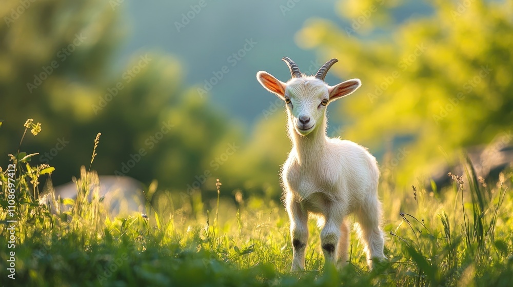 Obraz premium Adorable baby goat stands cutely in a lush meadow, highlighting the charm and playfulness of this cute baby goat amidst the beautiful landscape. Perfect for nature photography with copy space.