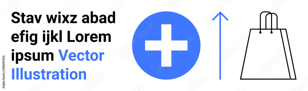 Obraz premium Blue cross symbol, upward arrow, shopping bag outline. Ideal for healthcare, online shopping, growth, commerce, e-commerce digital marketing consumer behavior. Landing page