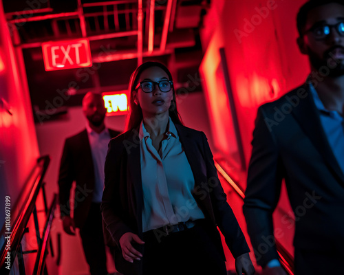 Office employees escape fire through fire exit on emergency drill practice.