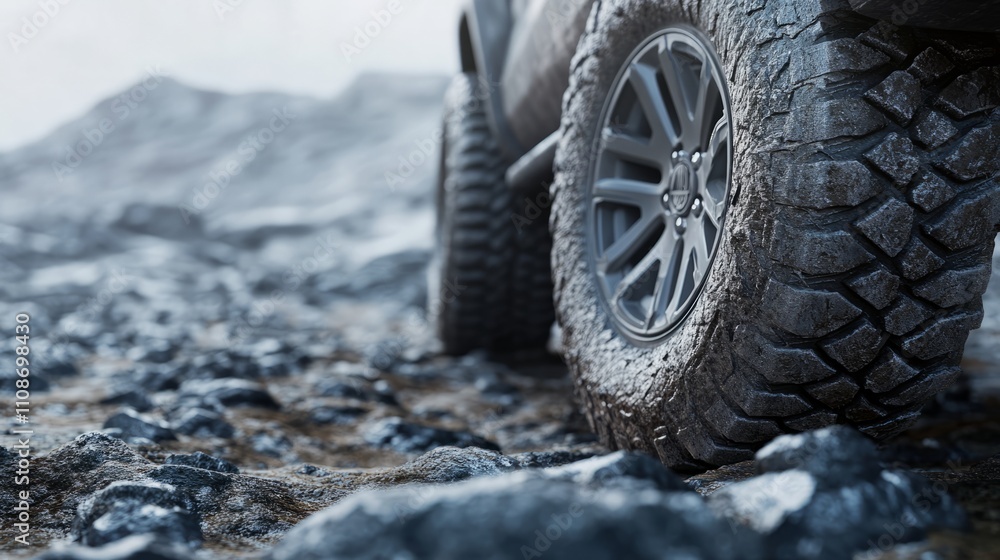 Naklejka premium A realistic depiction of an SUV tire with heavy-duty tread patterns, placed on a rocky, uneven surface