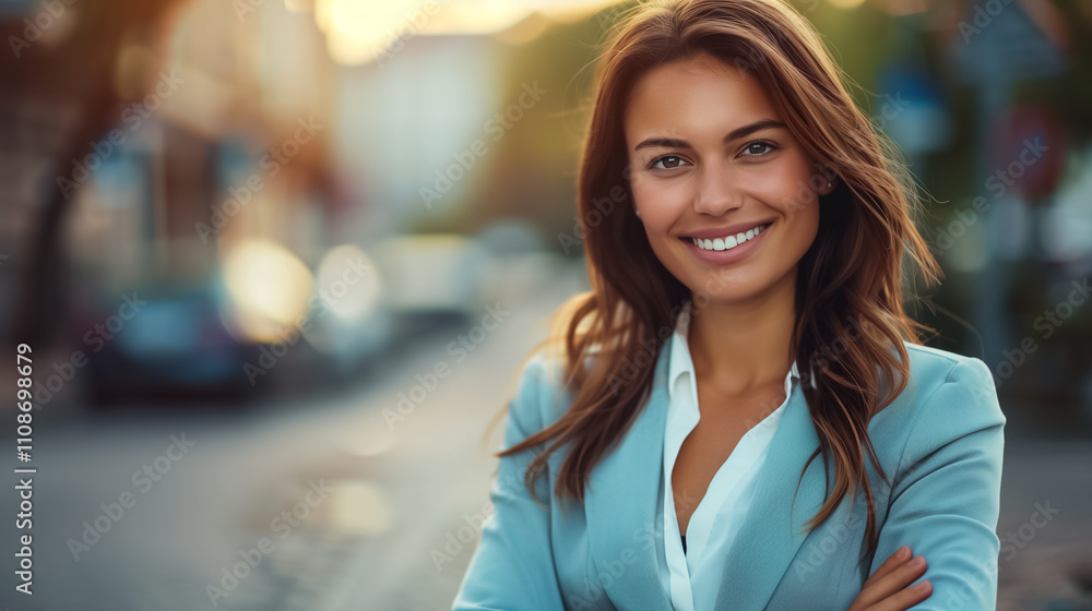Fototapeta premium Professional Businesswoman Smiling and Looking at Camera with Cityscape in the Background