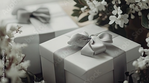 Elegant white gift boxes adorned with a grey ribbon create a charming scene. This image captures the beauty of white gift boxes, perfect for any festive occasion, with ample copy space. photo