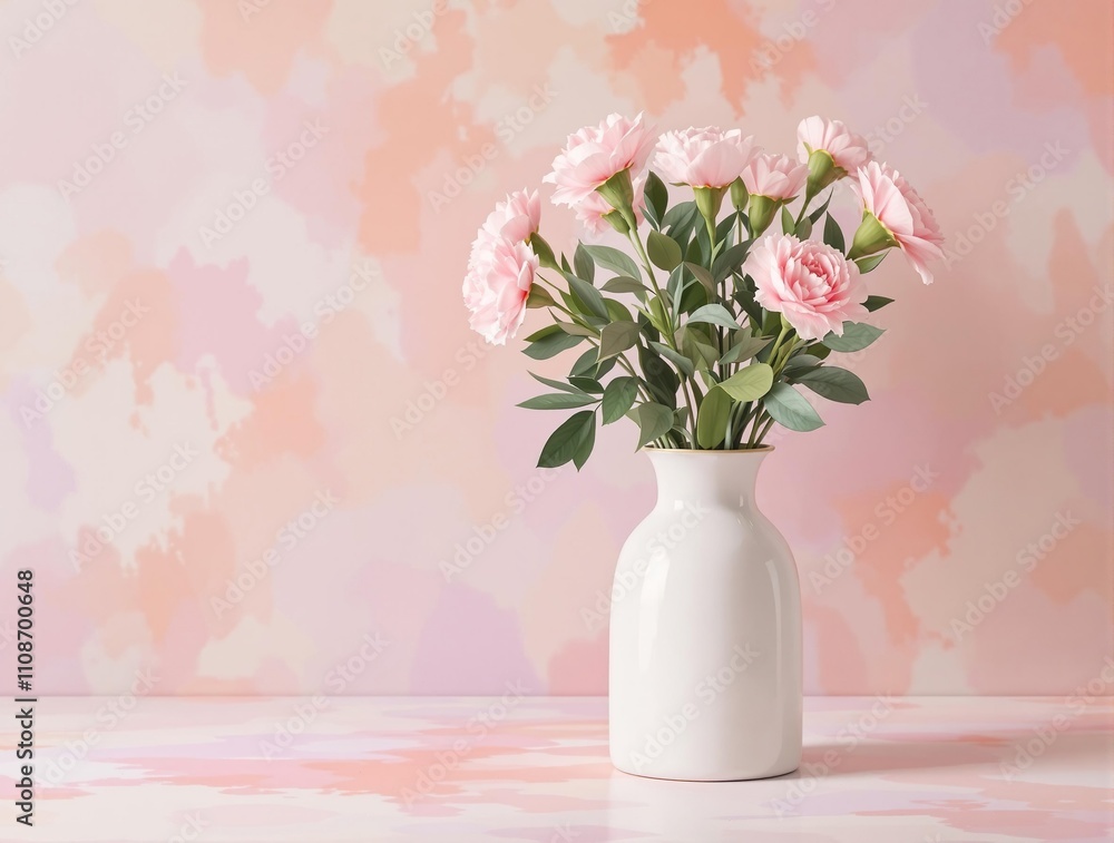 Obraz premium Chic white metal vase with pink carnations on a pastel-colored backdrop, stylish, chic, flowers, carnations, metal