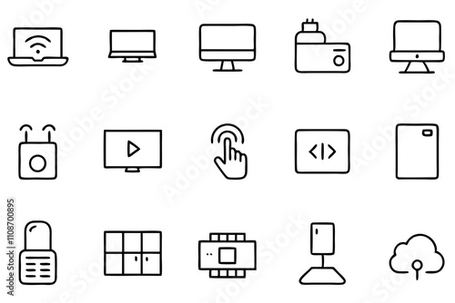 Set of outline icons related to computer. Linear icon collection. Editable stroke. Vector illustration.