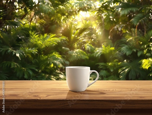 Clean white coffee mug placed on wooden surface in tropical garden as morning light casts a soft glow on the scene, surface, botanical garden, soft, invigorating, clean