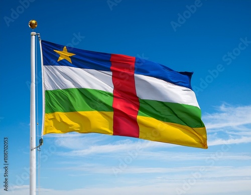 Central Africa flag waving in the wind against a blue sky background photo